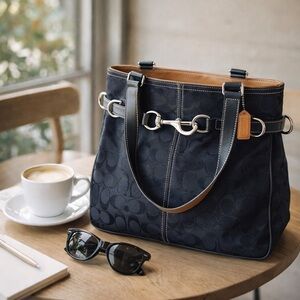 Coach Signature Canvas Tote Black Leather Trim Horsebit Shoulder Bag Classic